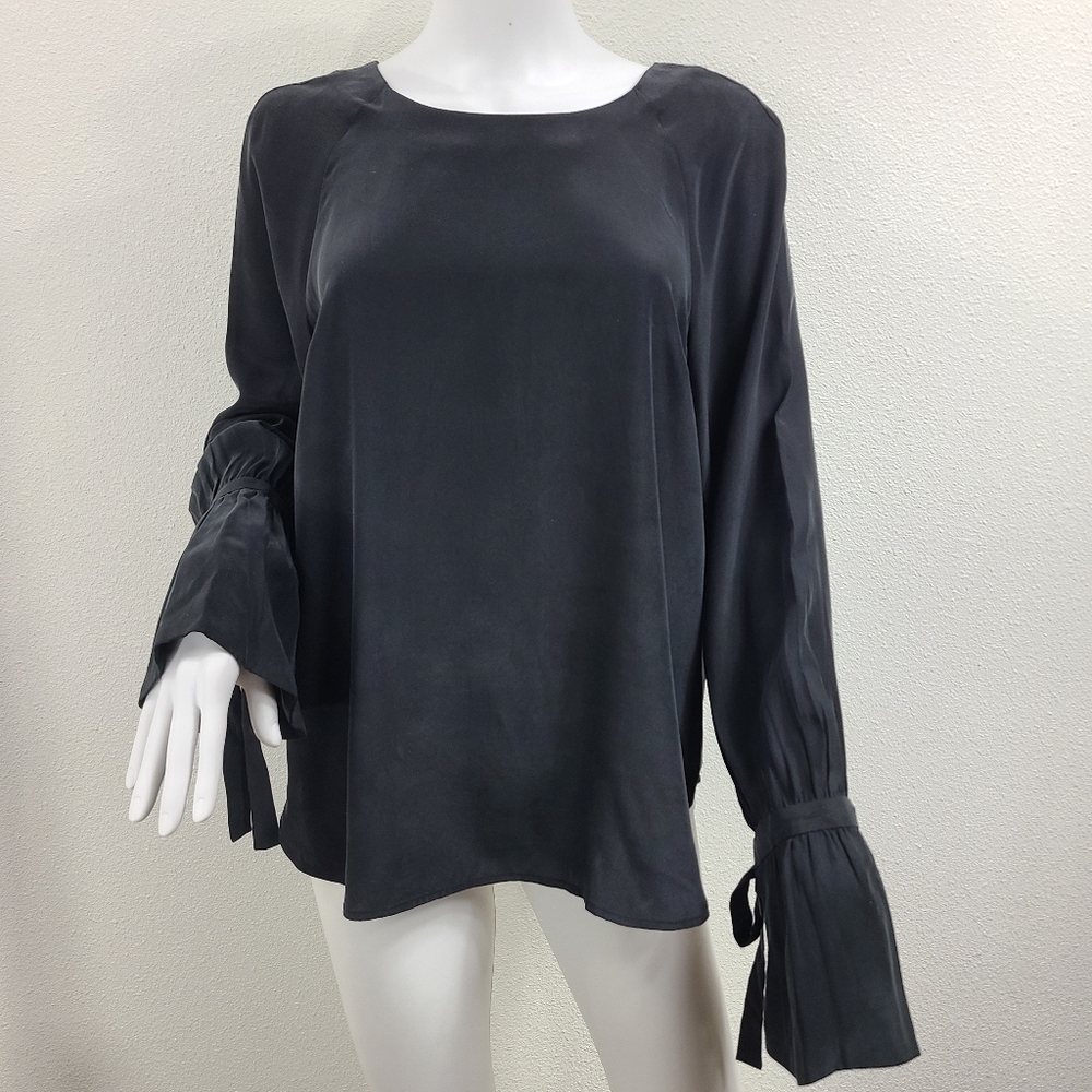 Black, long sleeve silk blouse by Frame ruffle sz Large